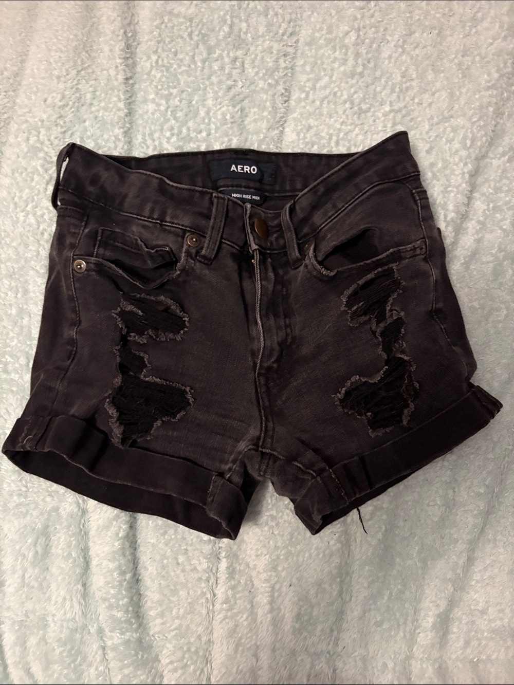 AERO Black Distressed High-Rise Denim Shorts